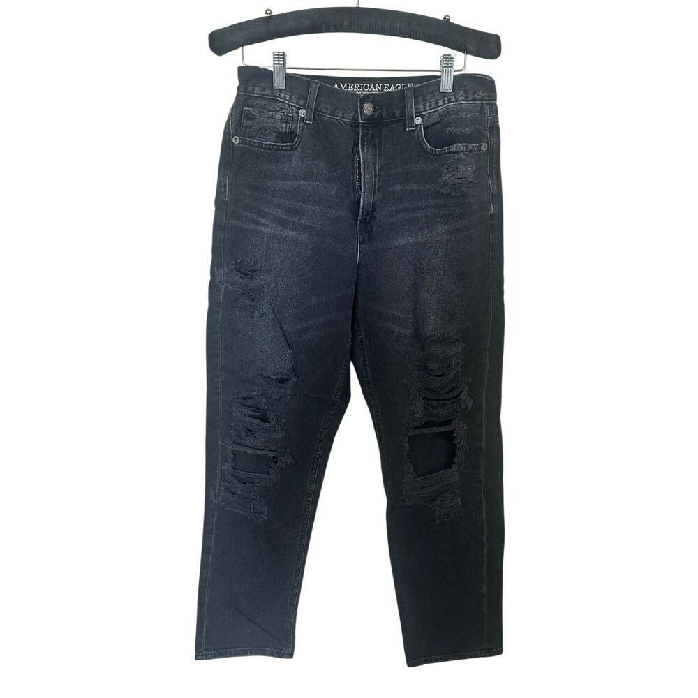 American Eagle Outfitters Mom Jeans Black Distressed High Waisted Size 8 Regular